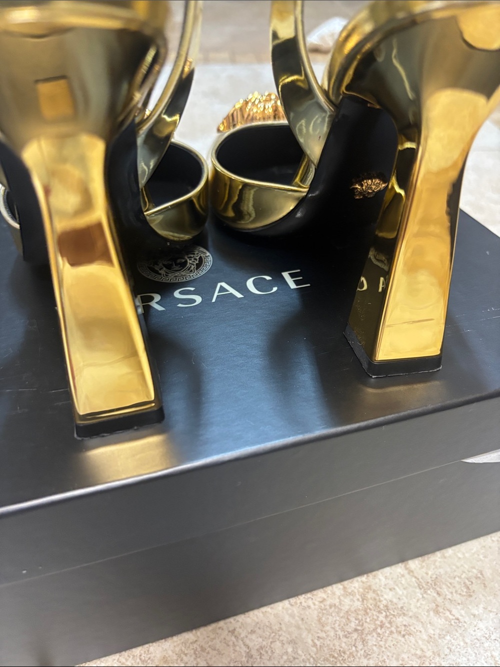 Versace Metallic Gold Medusa Pointed Slingback Heels - Picture 5 of 5
